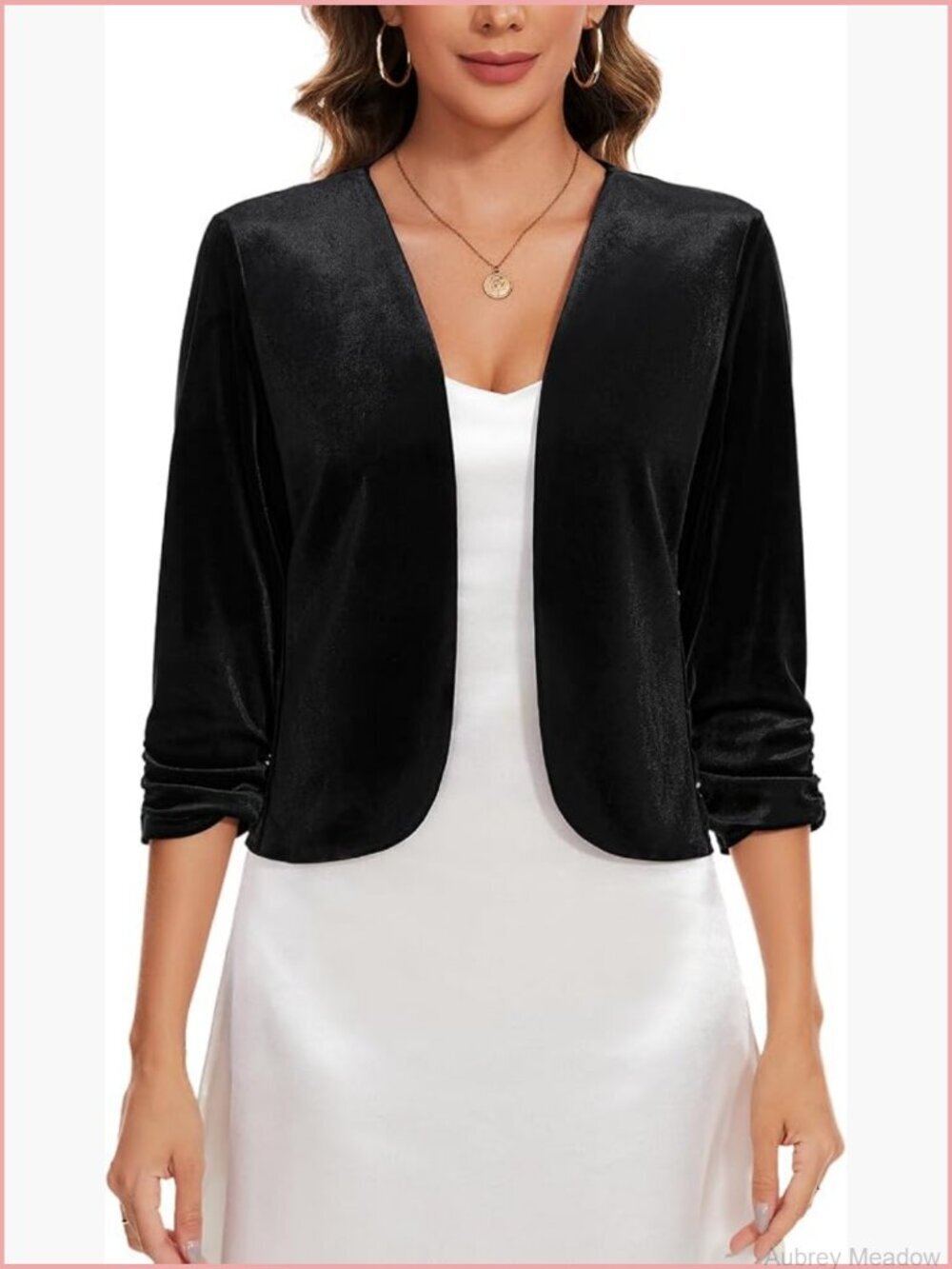 Women's 3/4 Ruched Sleeve Open Front Velvet Cropped Blazer